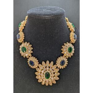 KJL Kenneth Jay Lane Gold Statement Necklace with Blue Green & Clear Rhinestones